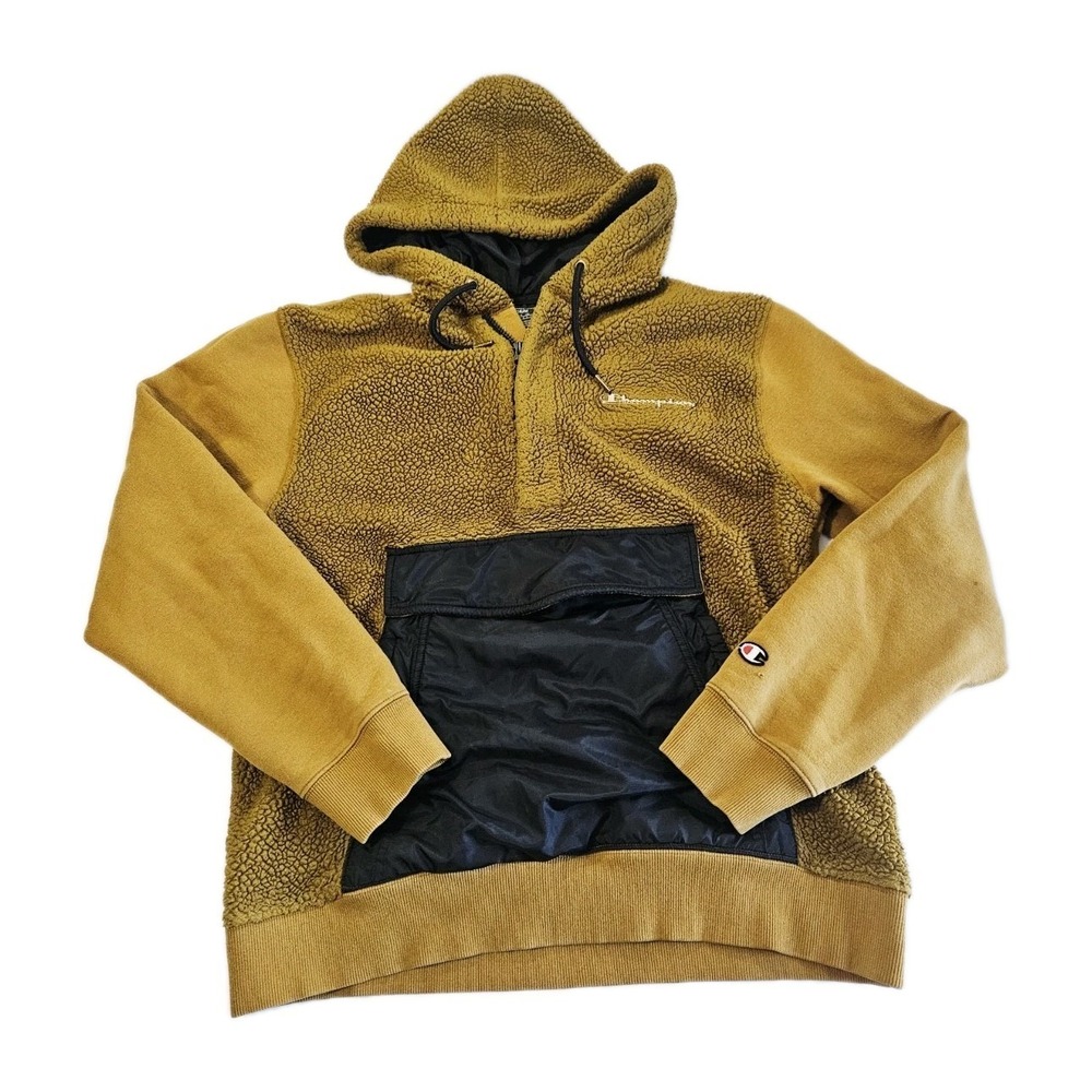 Champion Men's M Faux Fur Hoodie Gold Plate Logo‎ Gold/Black Fleece Zip & Pocket